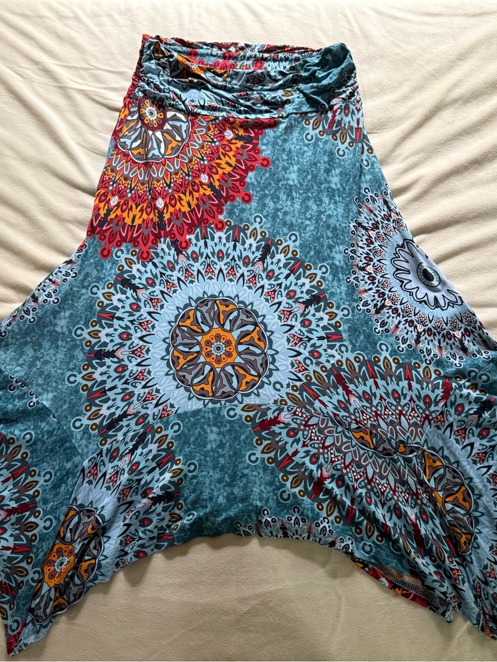 Boho High-Low Maxi Skirt in Teal with Red Accents